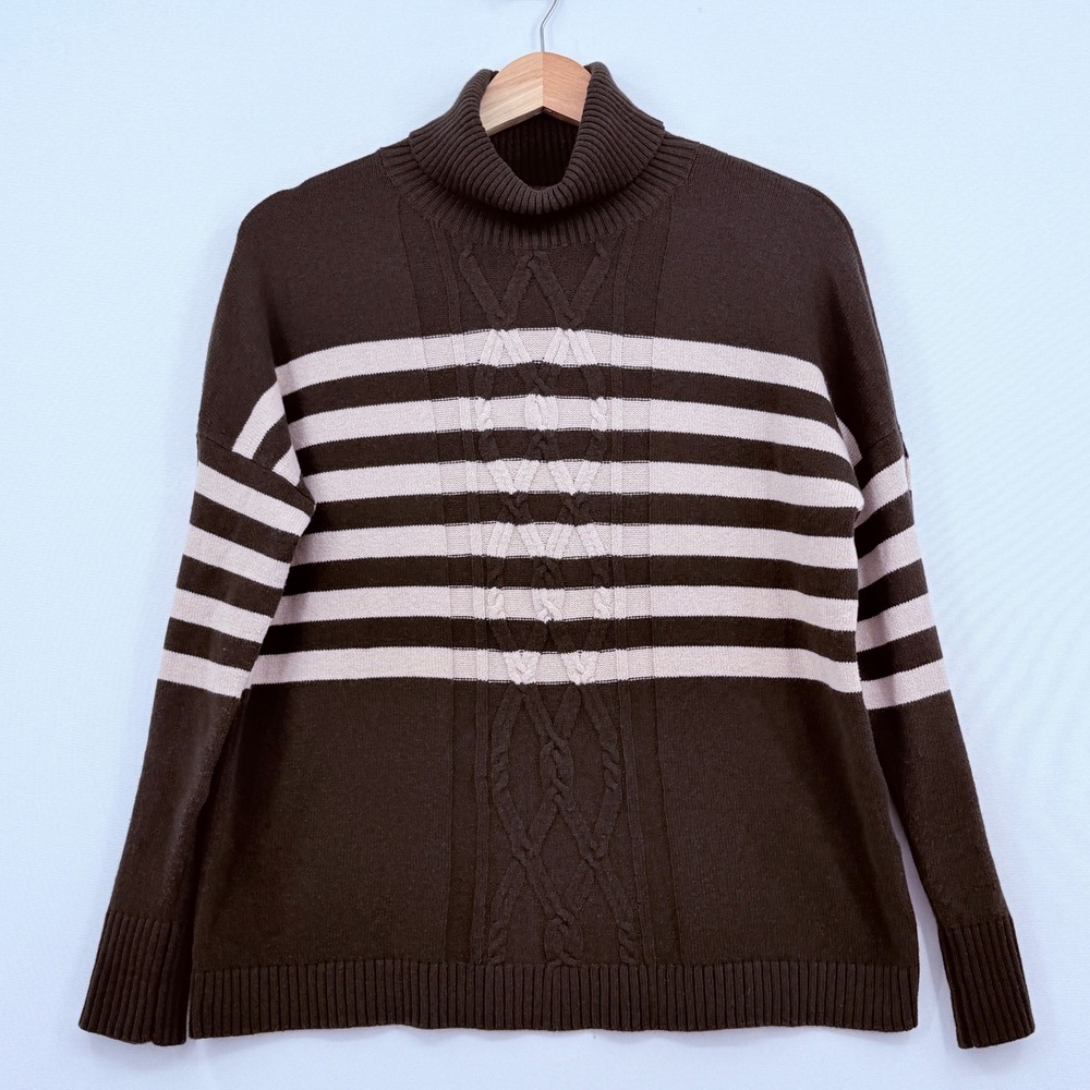 J. Jill Turtleneck Sweater Women Small Petite Olive Tan Stripe Cable Knit Preppy